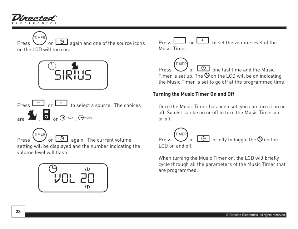 On off, Press, Or line aux | Press line aux | Directed Electronics Soloist Desktop Docking Station User Manual | Page 28 / 34
