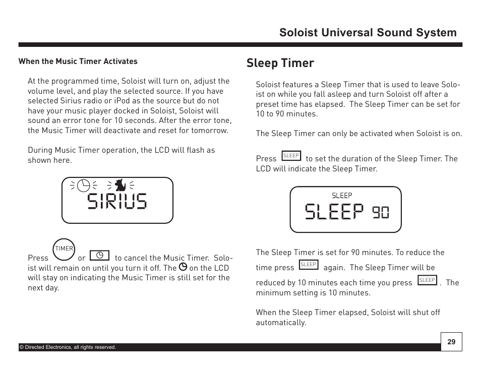 Desktop docking station, On off, Sleep timer | Soloist universal sound system | Directed Electronics Soloist Desktop Docking Station User Manual | Page 29 / 34