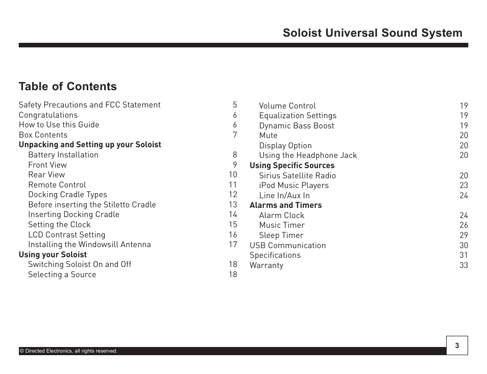 Desktop docking station, Soloist universal sound system table of contents | Directed Electronics Soloist Desktop Docking Station User Manual | Page 3 / 34