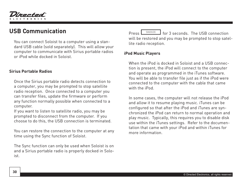 Usb communication, On off | Directed Electronics Soloist Desktop Docking Station User Manual | Page 30 / 34