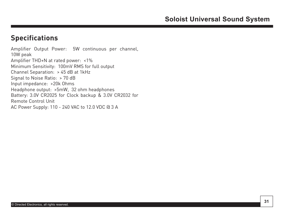 Desktop docking station, Specifications, Soloist universal sound system | Directed Electronics Soloist Desktop Docking Station User Manual | Page 31 / 34