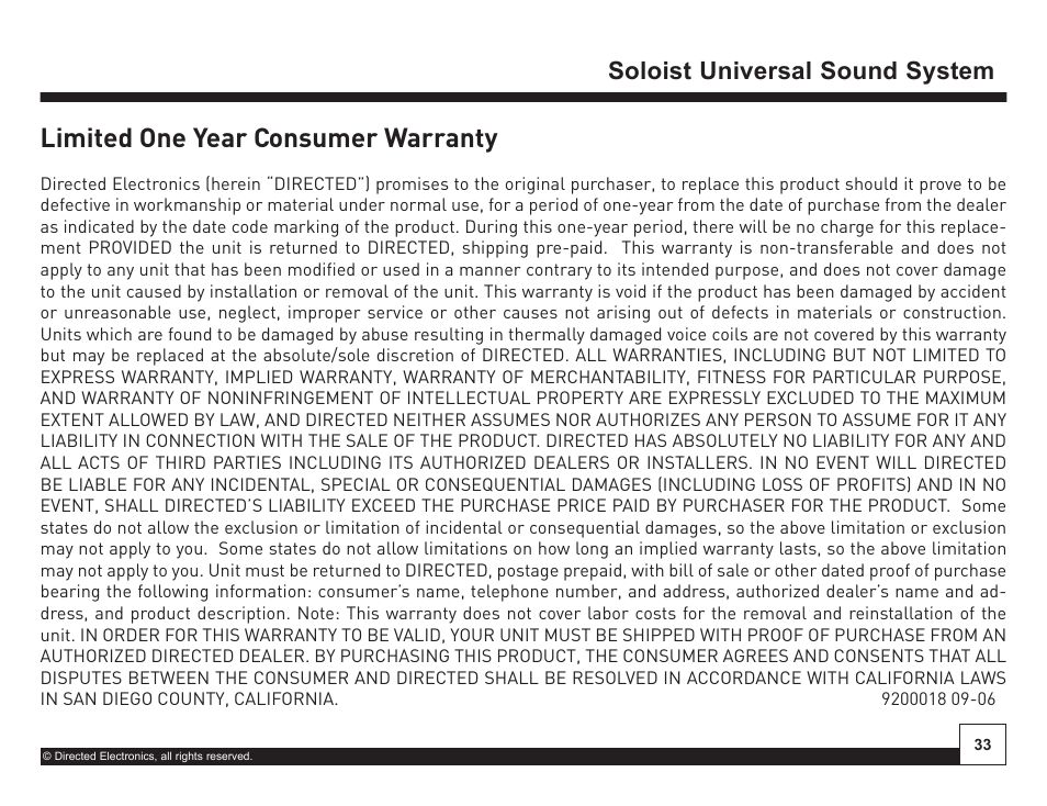 Desktop docking station, Limited one year consumer warranty, Soloist universal sound system | Directed Electronics Soloist Desktop Docking Station User Manual | Page 33 / 34