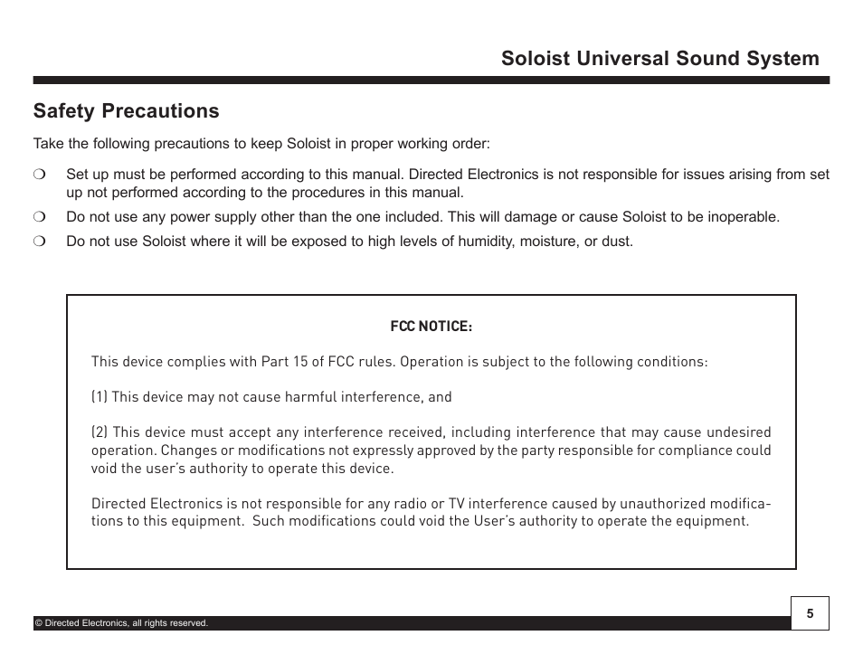 Desktop docking station, Soloist universal sound system safety precautions | Directed Electronics Soloist Desktop Docking Station User Manual | Page 5 / 34