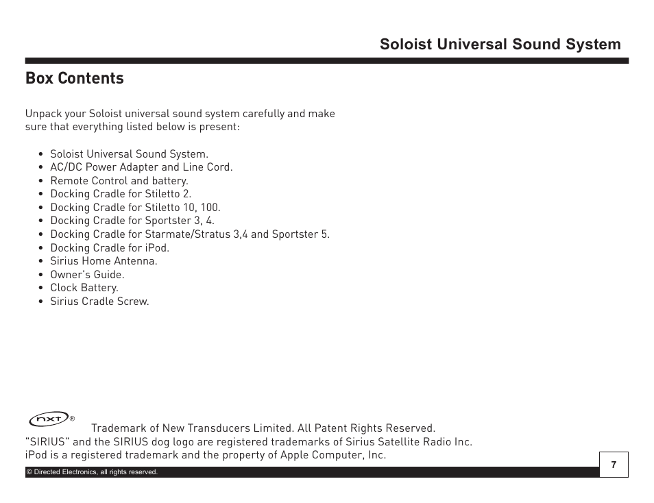 Desktop docking station, Box contents, Soloist universal sound system | Directed Electronics Soloist Desktop Docking Station User Manual | Page 7 / 34