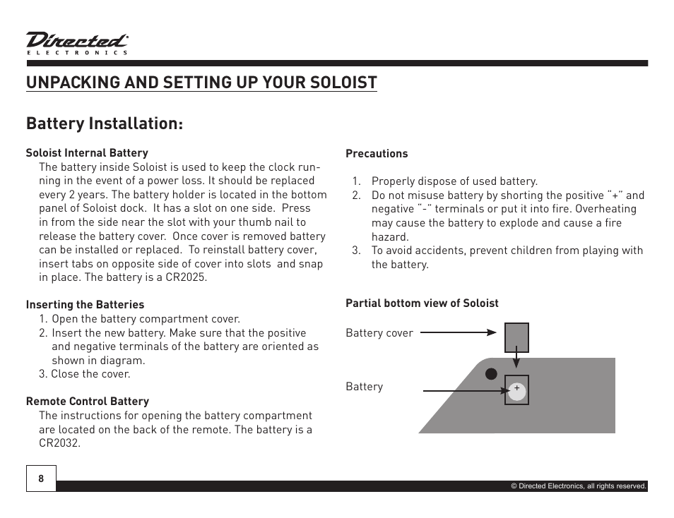 Battery installation, Unpacking and setting up your soloist | Directed Electronics Soloist Desktop Docking Station User Manual | Page 8 / 34