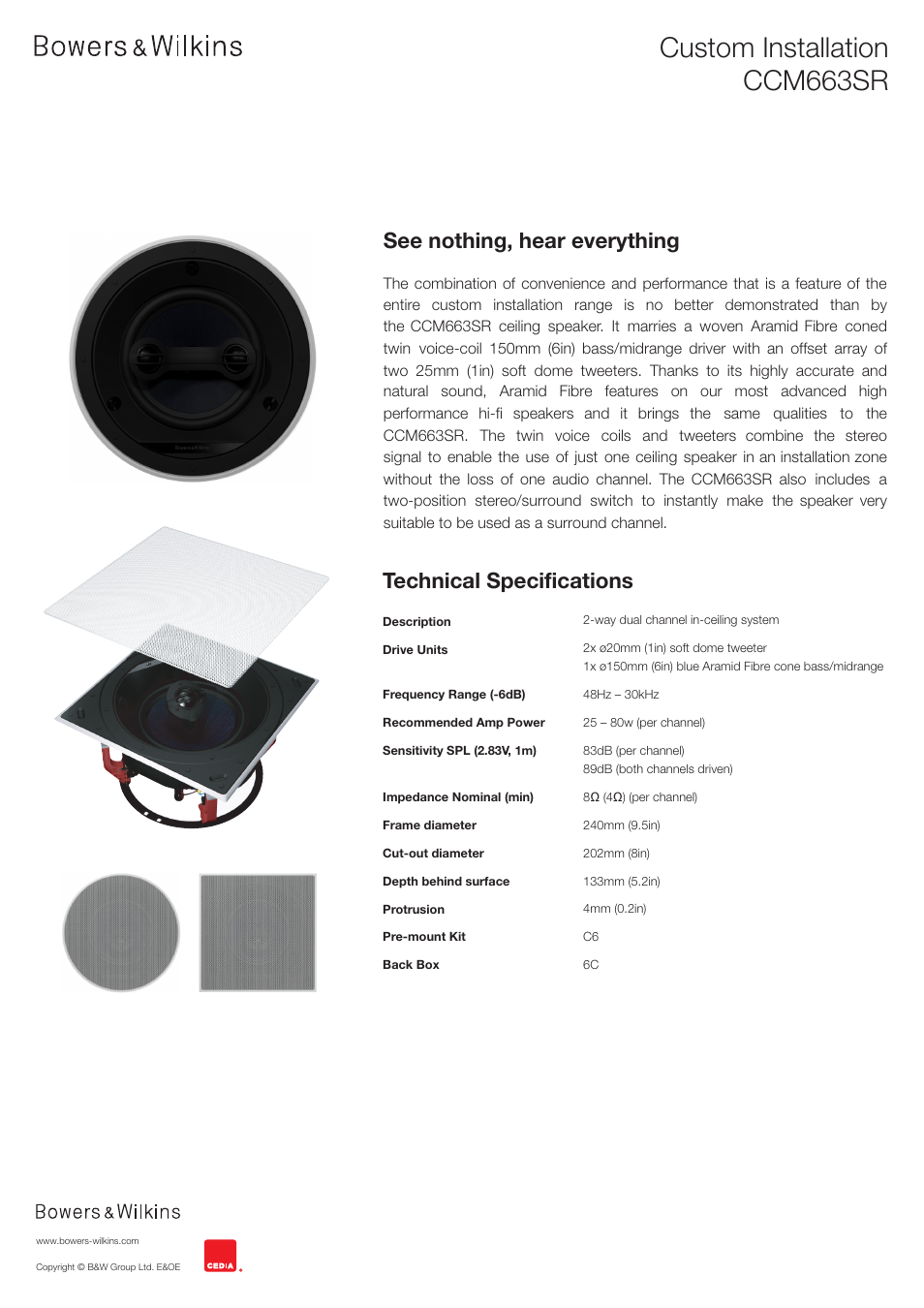 Bowers & Wilkins CCM663SR Two-Way 6" In-Ceiling Speaker User Manual | 1 page