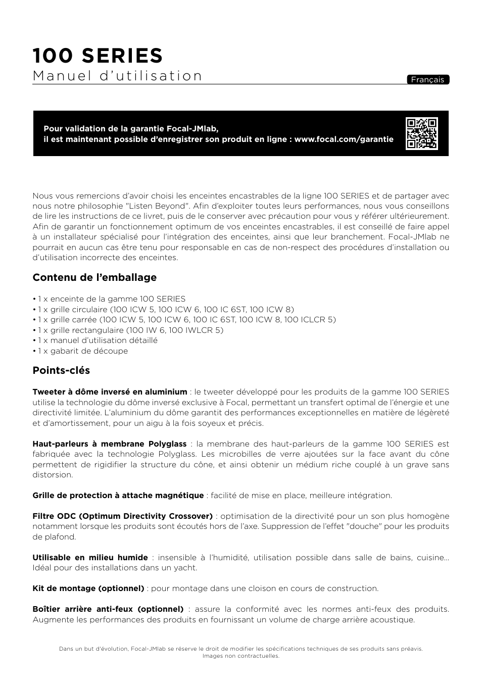100 series, Contenu de l’emballage, Points-clés | Focal 100 ICW6 6.5" 2-Way In-Wall / In-Ceiling Speaker (Single) User Manual | Page 11 / 74