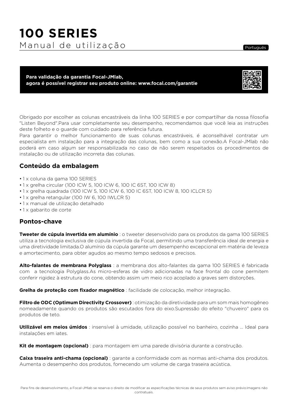 100 series, Conteúdo da embalagem, Pontos-chave | Focal 100 ICW6 6.5" 2-Way In-Wall / In-Ceiling Speaker (Single) User Manual | Page 36 / 74
