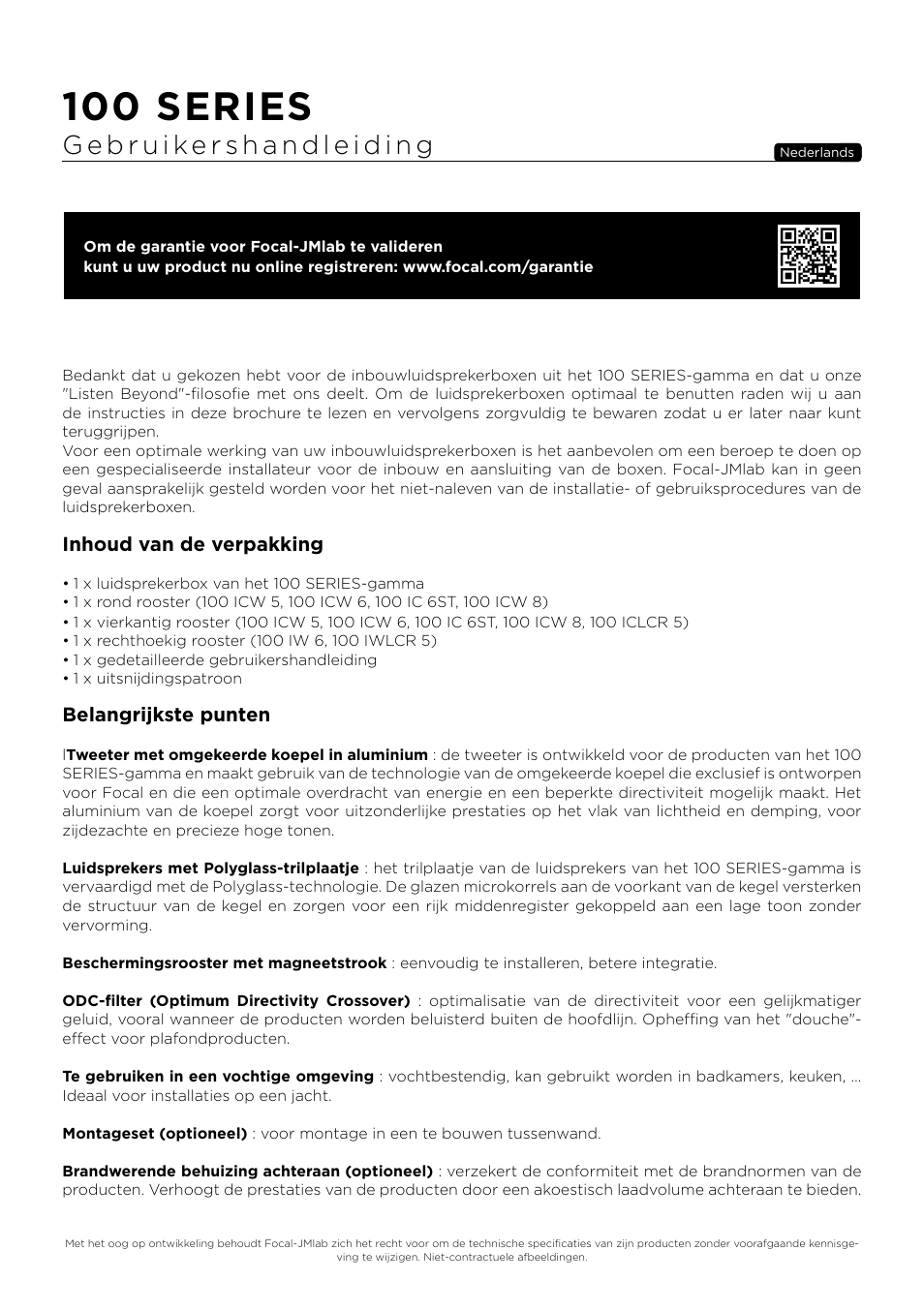 100 series, Inhoud van de verpakking, Belangrijkste punten | Focal 100 ICW6 6.5" 2-Way In-Wall / In-Ceiling Speaker (Single) User Manual | Page 41 / 74