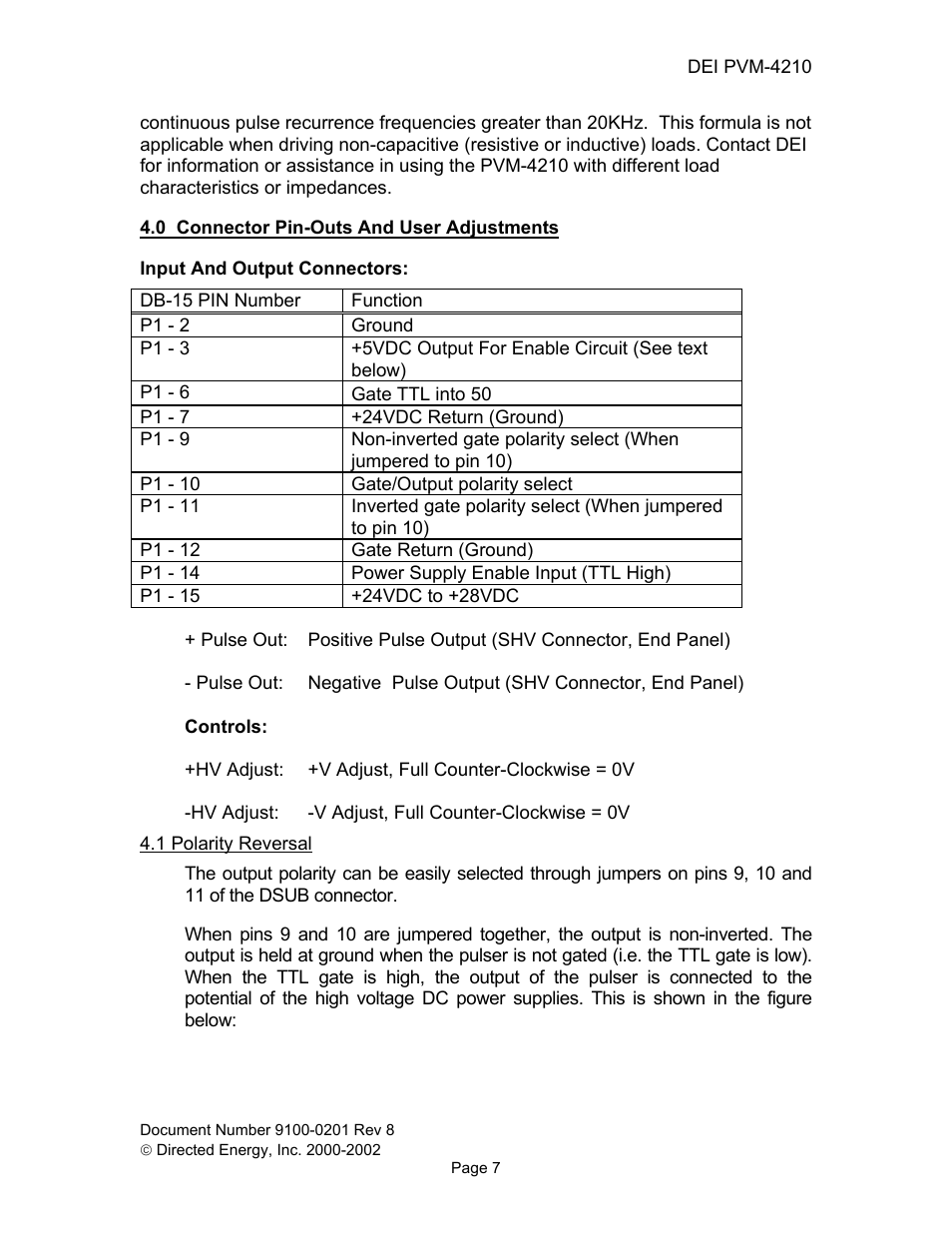 0 connector pin-outs and user adjustments, 1 polarity reversal | Directed Electronics PVM-4210 User Manual | Page 9 / 17