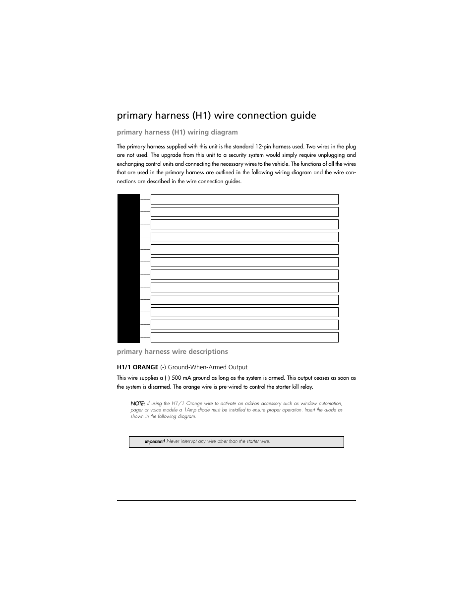 Primary harness (h1) wire connection guide | Directed Electronics K10 User Manual | Page 3 / 16