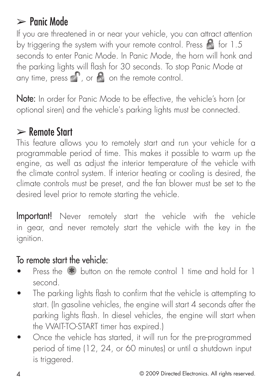 Panic mode, Remote start, Important | Directed Electronics VIPER 4103XV User Manual | Page 10 / 28