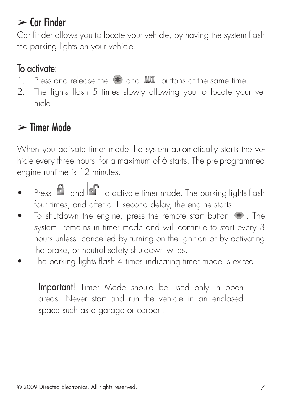 Car finder, Timer mode, Important | Directed Electronics VIPER 4103XV User Manual | Page 13 / 28