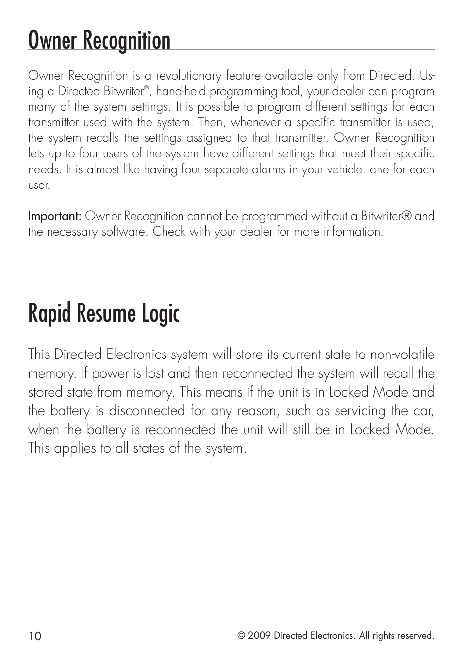Owner recognition, Rapid resume logic | Directed Electronics VIPER 4103XV User Manual | Page 16 / 28