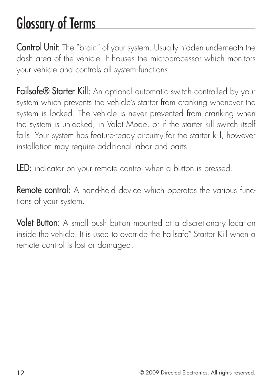 Glossary of terms | Directed Electronics VIPER 4103XV User Manual | Page 18 / 28