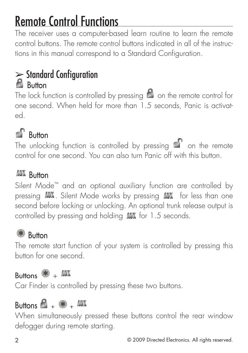 Remote control functions, Standard configuration, Button | Buttons, The lock function is controlled by pressing, The unlocking function is controlled by pressing, Silent mode, Silent mode works by pressing, For 1.5 seconds | Directed Electronics VIPER 4103XV User Manual | Page 8 / 28