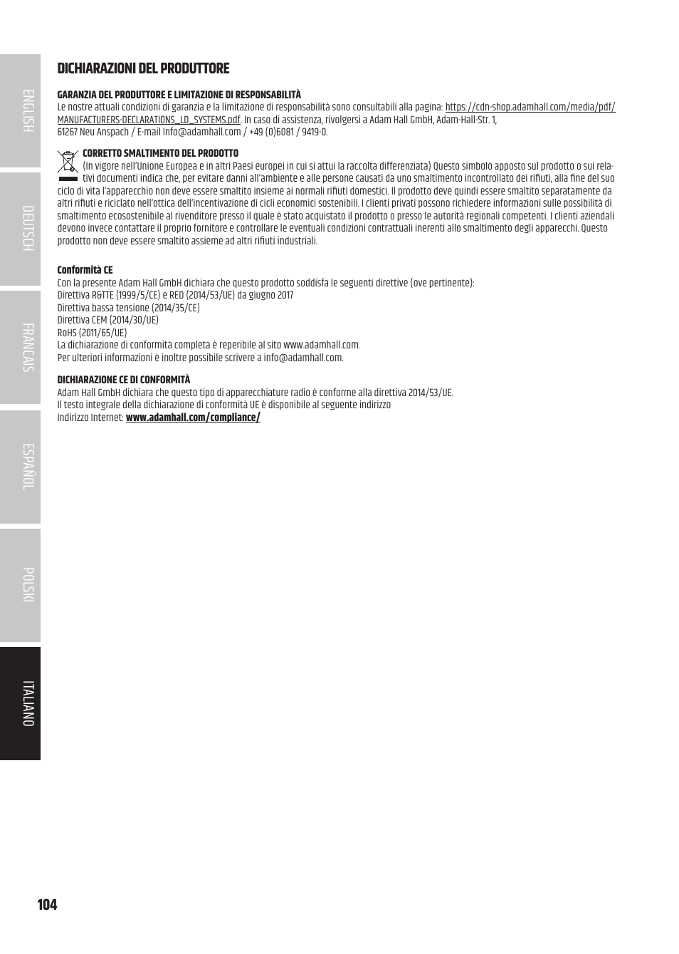 Dichiarazioni del produttore | LD Systems U504.7 IEM Wireless Stereo In-Ear Monitoring System (470 to 490 MHz) User Manual | Page 104 / 108