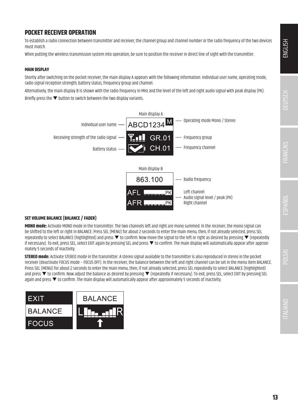 Pocket receiver operation | LD Systems U504.7 IEM Wireless Stereo In-Ear Monitoring System (470 to 490 MHz) User Manual | Page 13 / 108