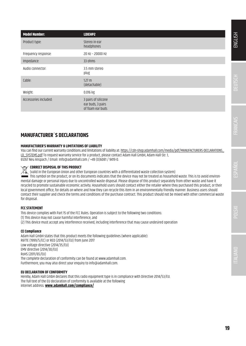 Manufacturer´s declarations | LD Systems U504.7 IEM Wireless Stereo In-Ear Monitoring System (470 to 490 MHz) User Manual | Page 19 / 108