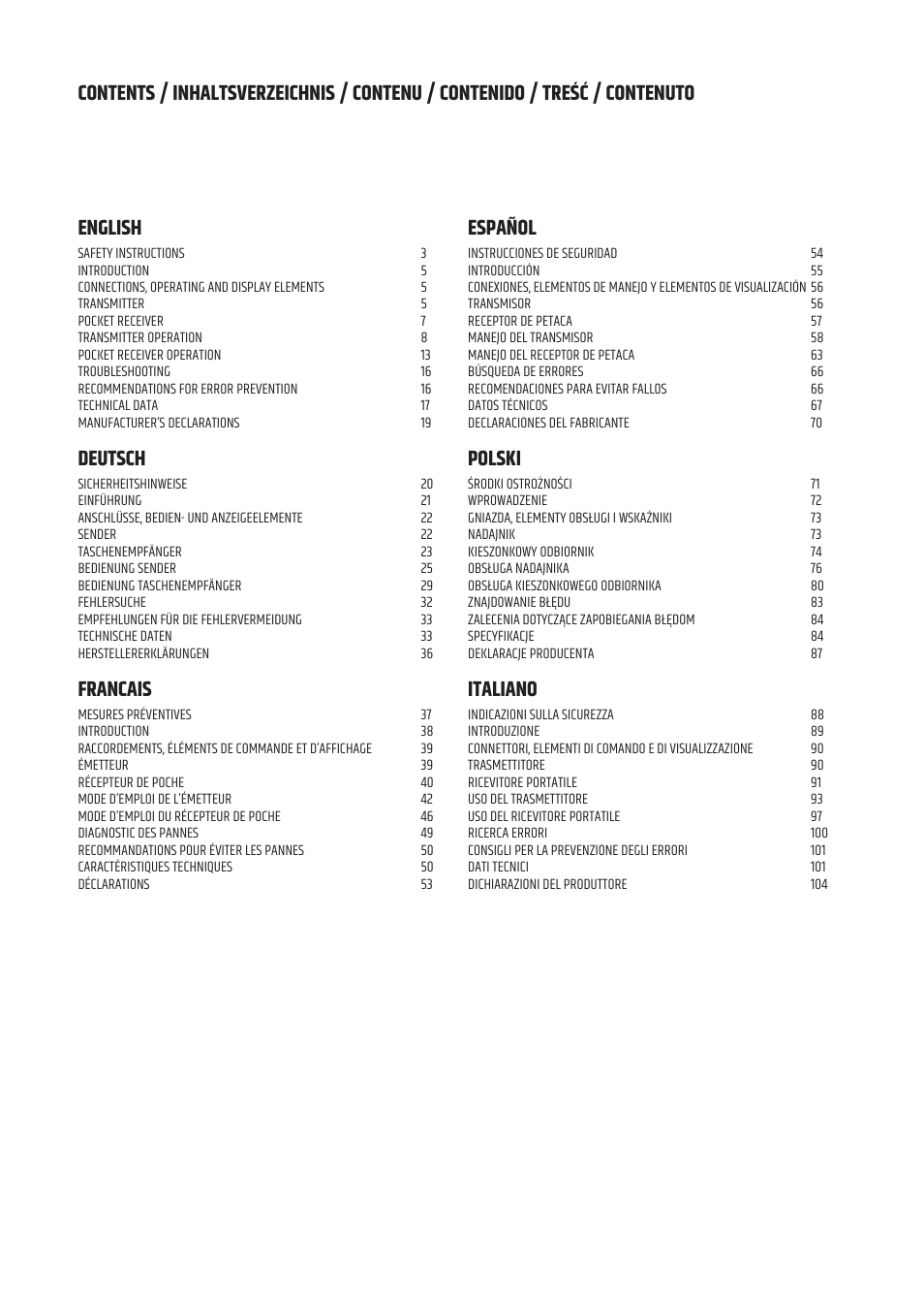 Deutsch, Francais, Español | Polski, Italiano | LD Systems U504.7 IEM Wireless Stereo In-Ear Monitoring System (470 to 490 MHz) User Manual | Page 2 / 108