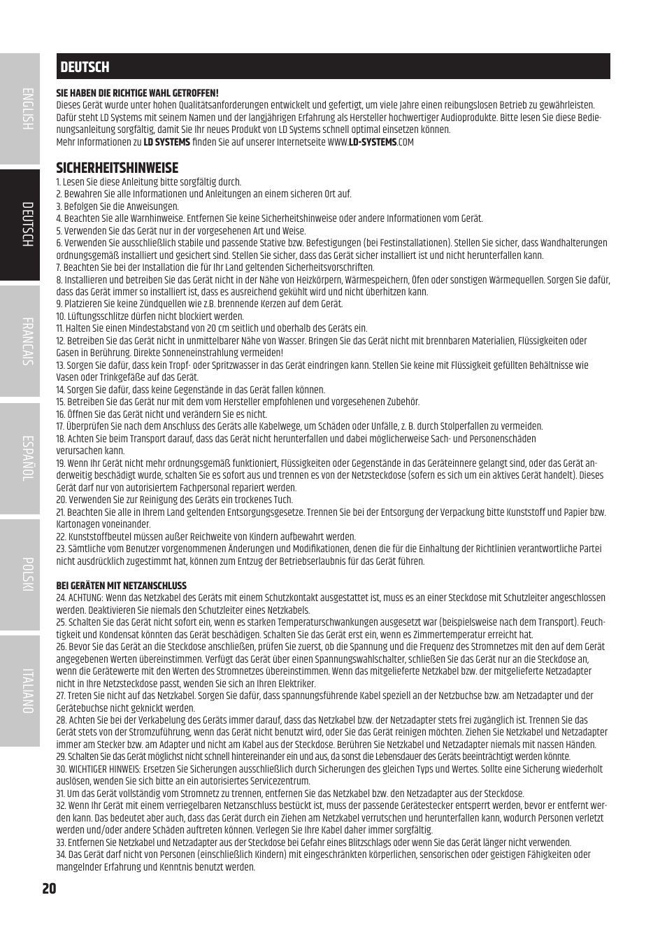 Deutsch, Sicherheitshinweise | LD Systems U504.7 IEM Wireless Stereo In-Ear Monitoring System (470 to 490 MHz) User Manual | Page 20 / 108