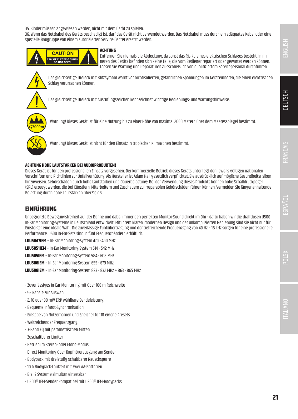 Einführung | LD Systems U504.7 IEM Wireless Stereo In-Ear Monitoring System (470 to 490 MHz) User Manual | Page 21 / 108