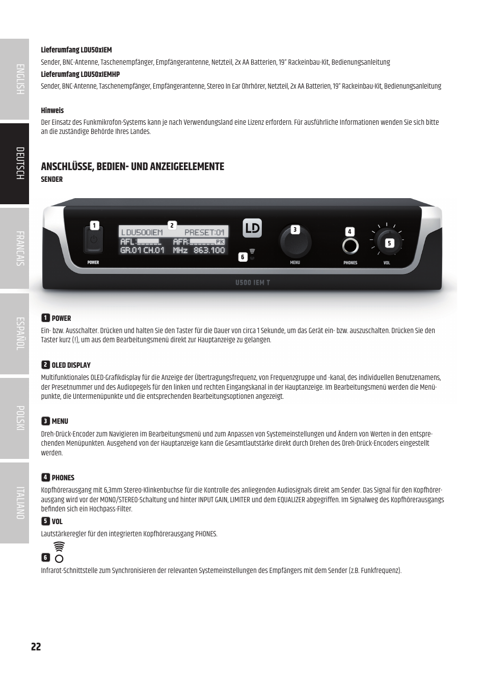 Anschlüsse, bedien- und anzeigeelemente | LD Systems U504.7 IEM Wireless Stereo In-Ear Monitoring System (470 to 490 MHz) User Manual | Page 22 / 108