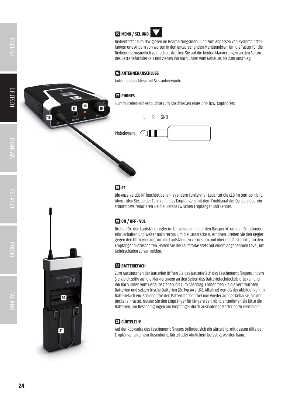 LD Systems U504.7 IEM Wireless Stereo In-Ear Monitoring System (470 to 490 MHz) User Manual | Page 24 / 108