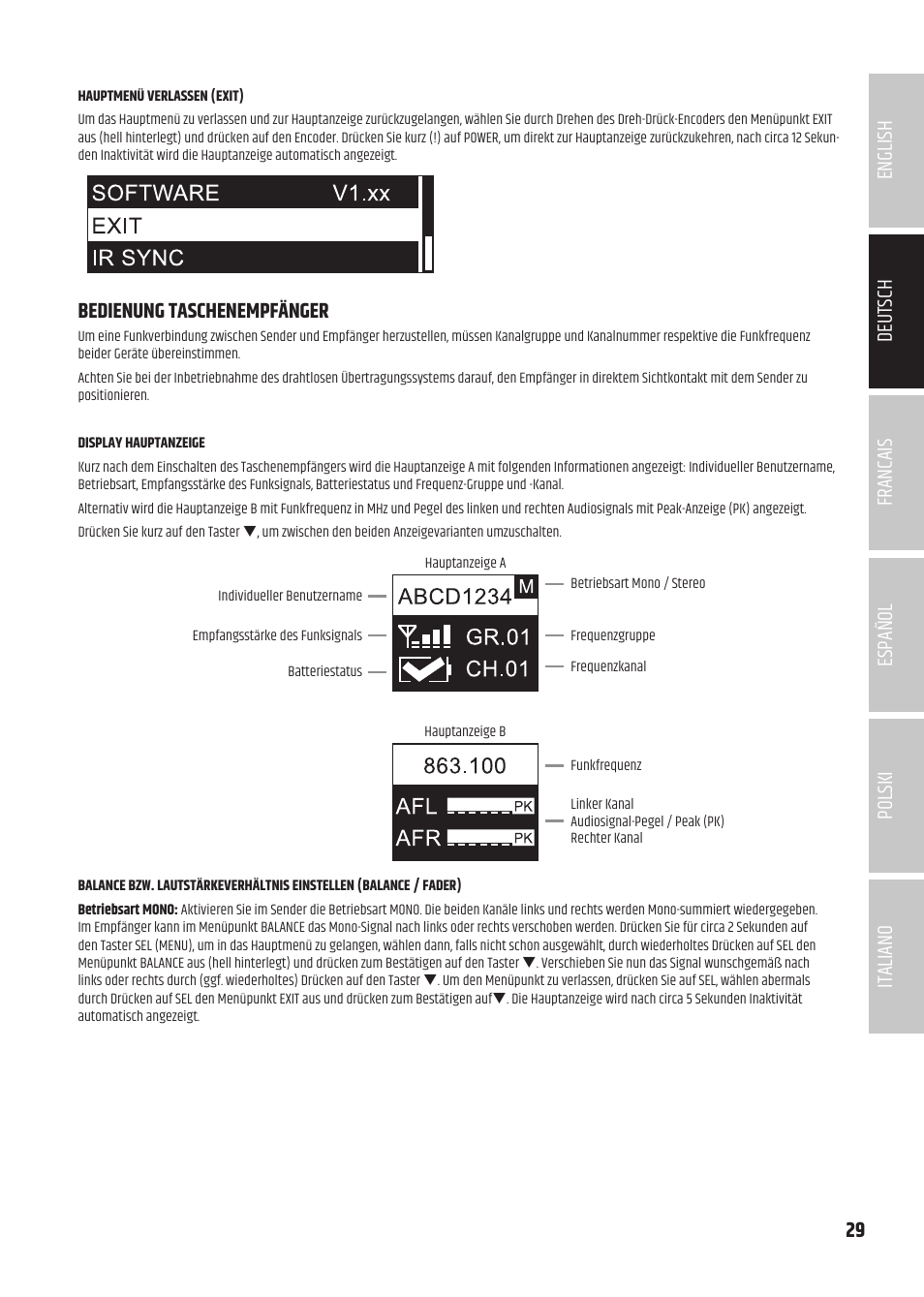 Bedienung taschenempfänger | LD Systems U504.7 IEM Wireless Stereo In-Ear Monitoring System (470 to 490 MHz) User Manual | Page 29 / 108