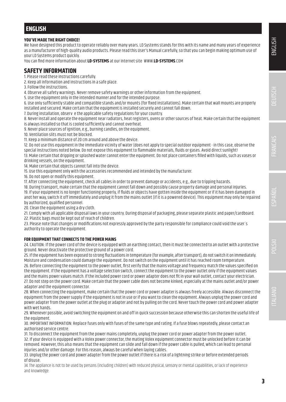 English, Safety information, 3deutsch francais español english italiano polski | LD Systems U504.7 IEM Wireless Stereo In-Ear Monitoring System (470 to 490 MHz) User Manual | Page 3 / 108