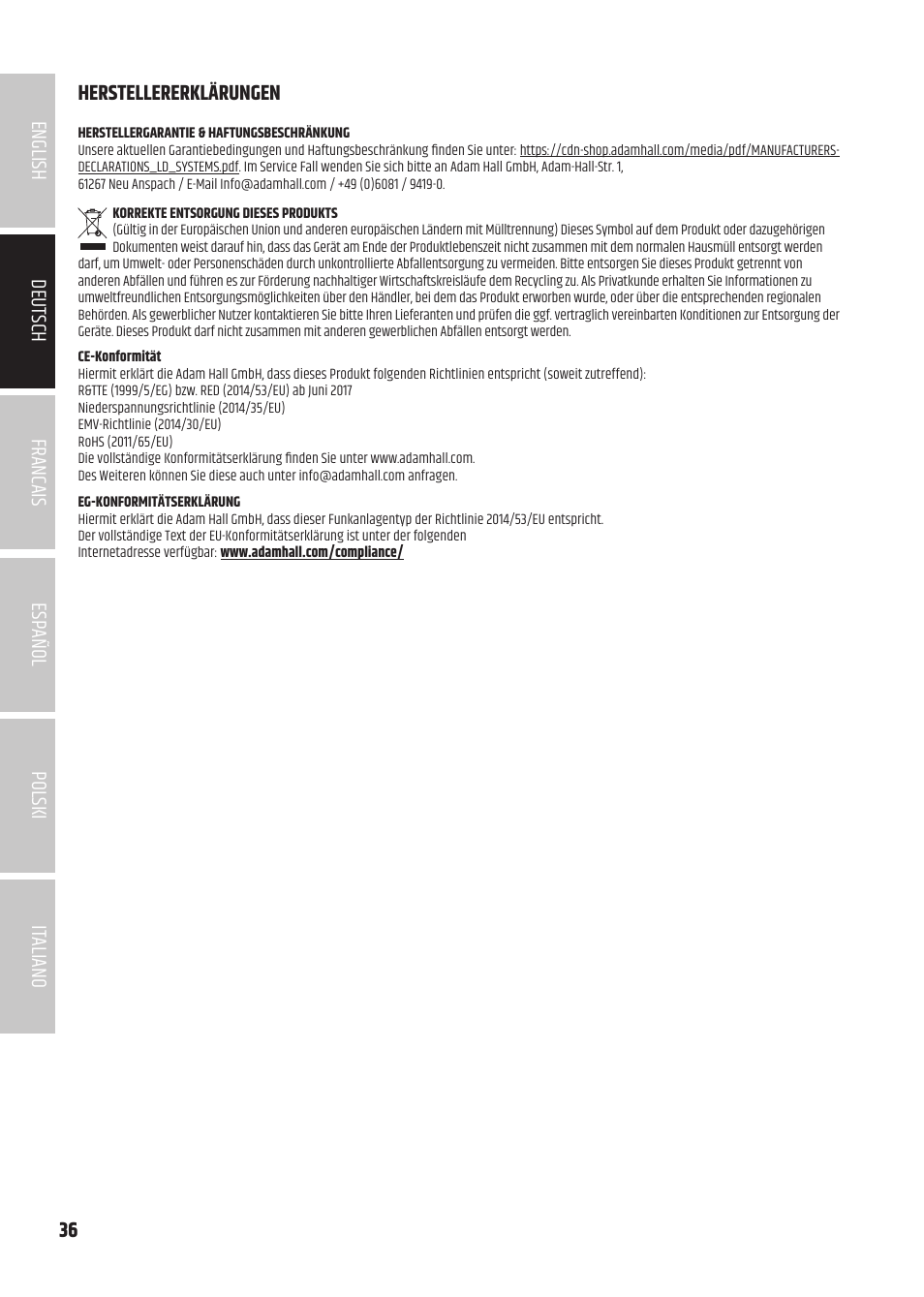 Herstellererklärungen | LD Systems U504.7 IEM Wireless Stereo In-Ear Monitoring System (470 to 490 MHz) User Manual | Page 36 / 108