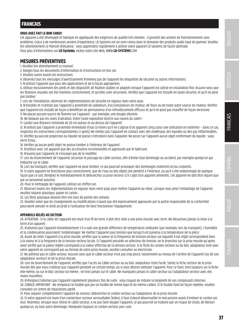 Francais, Mesures préventives | LD Systems U504.7 IEM Wireless Stereo In-Ear Monitoring System (470 to 490 MHz) User Manual | Page 37 / 108