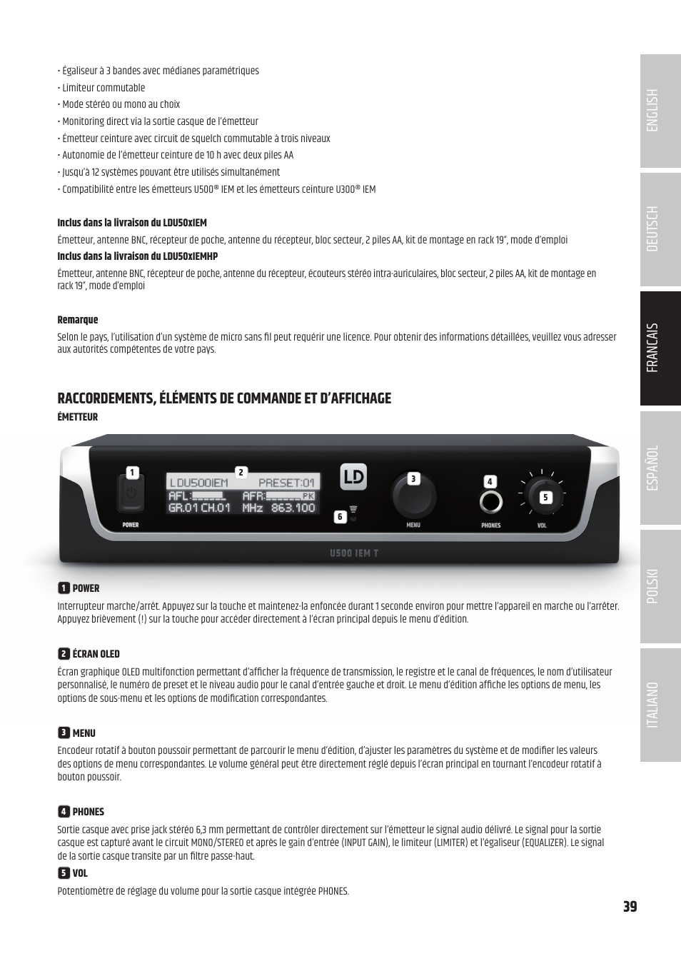 Raccordements, éléments de commande et d’affichage | LD Systems U504.7 IEM Wireless Stereo In-Ear Monitoring System (470 to 490 MHz) User Manual | Page 39 / 108