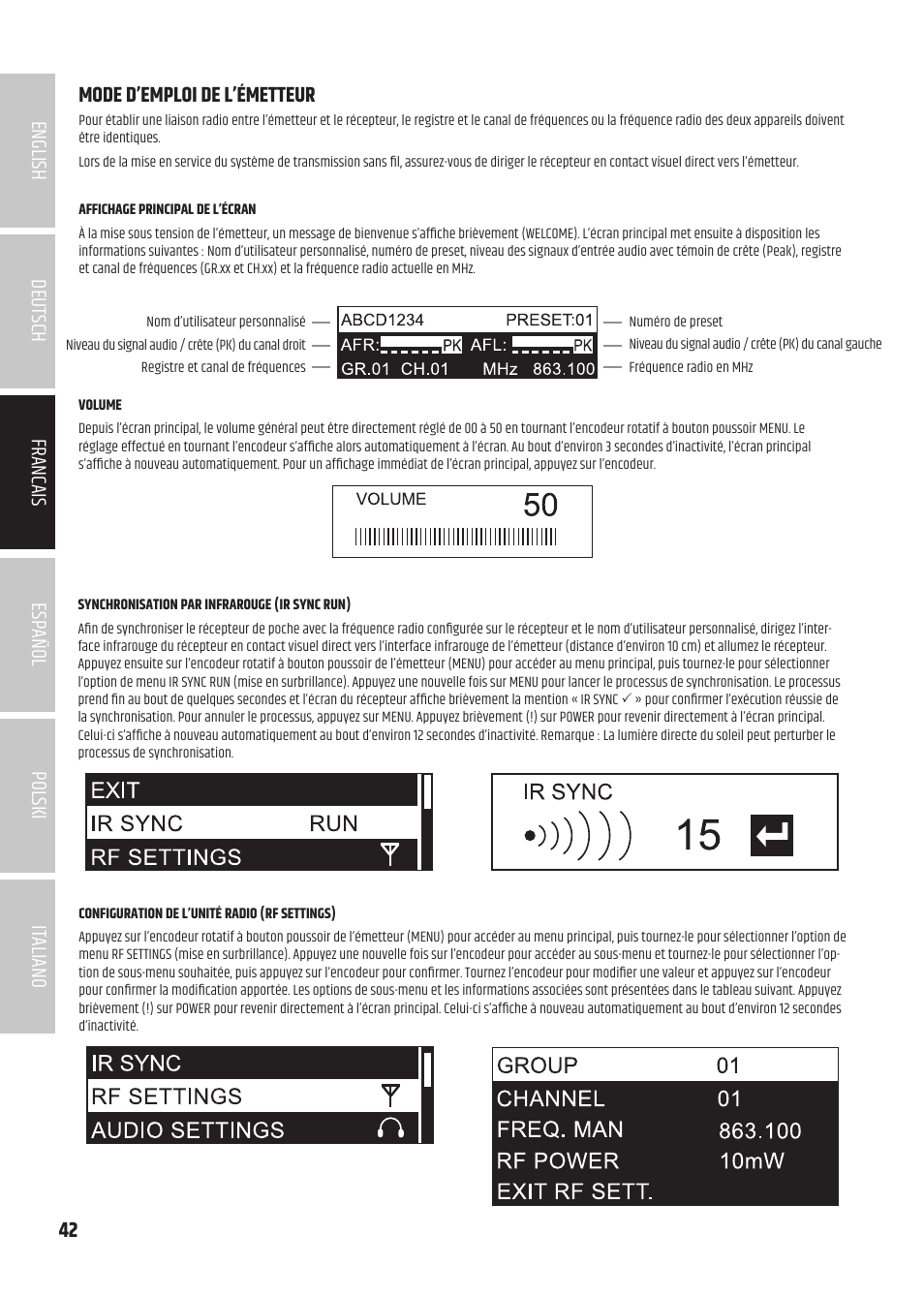 Mode d’emploi de l’émetteur | LD Systems U504.7 IEM Wireless Stereo In-Ear Monitoring System (470 to 490 MHz) User Manual | Page 42 / 108