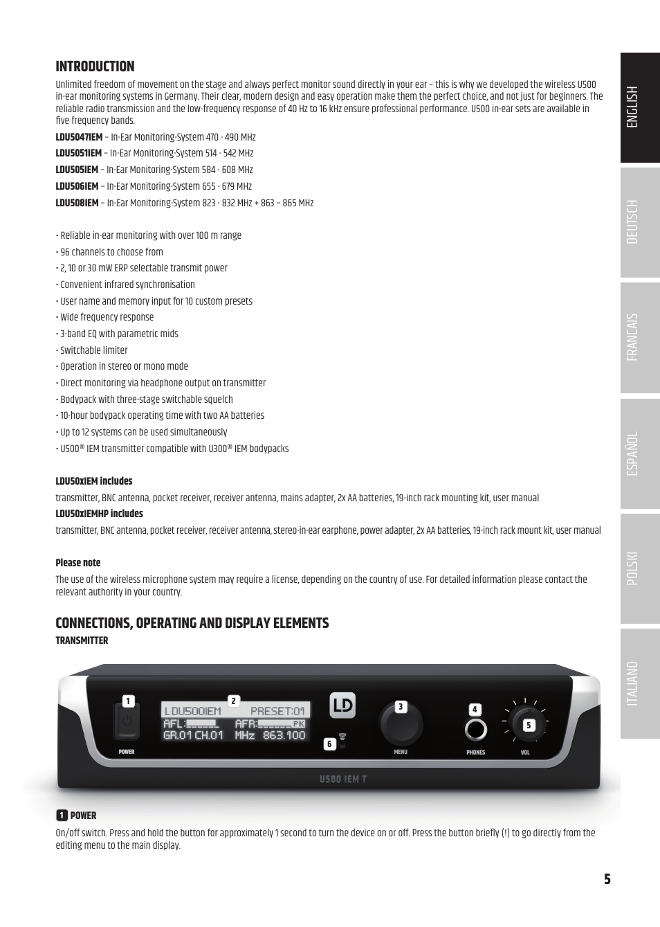 Introduction, Connections, operating and display elements, 5deutsch francais español english italiano polski | LD Systems U504.7 IEM Wireless Stereo In-Ear Monitoring System (470 to 490 MHz) User Manual | Page 5 / 108