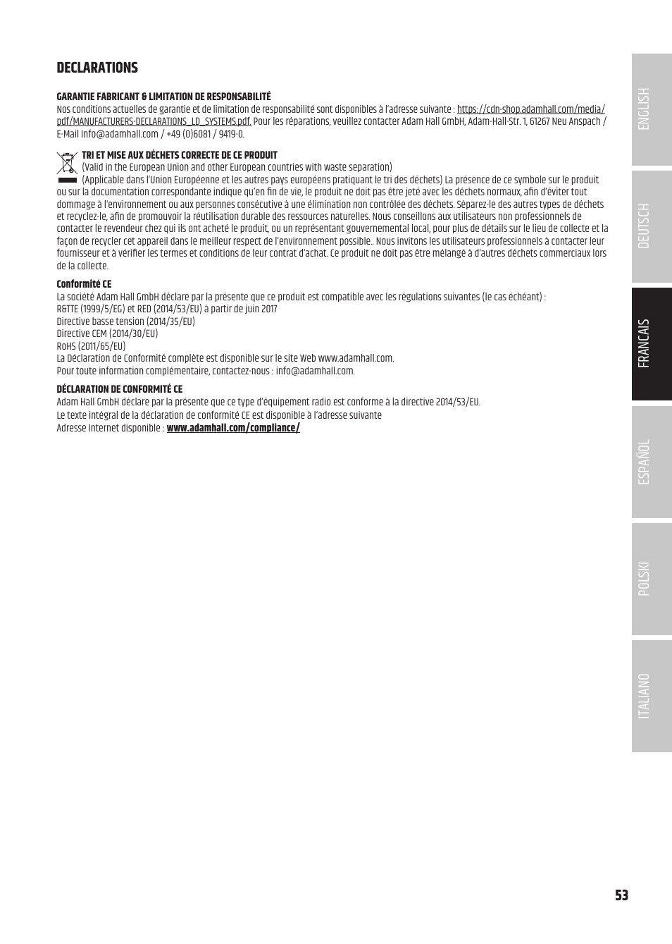 Declarations | LD Systems U504.7 IEM Wireless Stereo In-Ear Monitoring System (470 to 490 MHz) User Manual | Page 53 / 108
