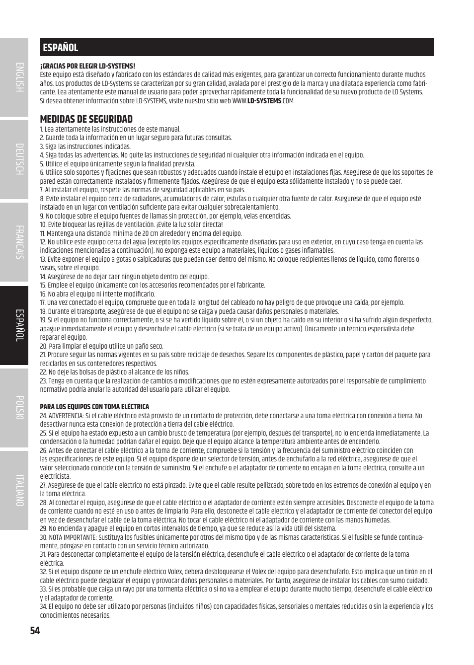 Español, Medidas de seguridad | LD Systems U504.7 IEM Wireless Stereo In-Ear Monitoring System (470 to 490 MHz) User Manual | Page 54 / 108