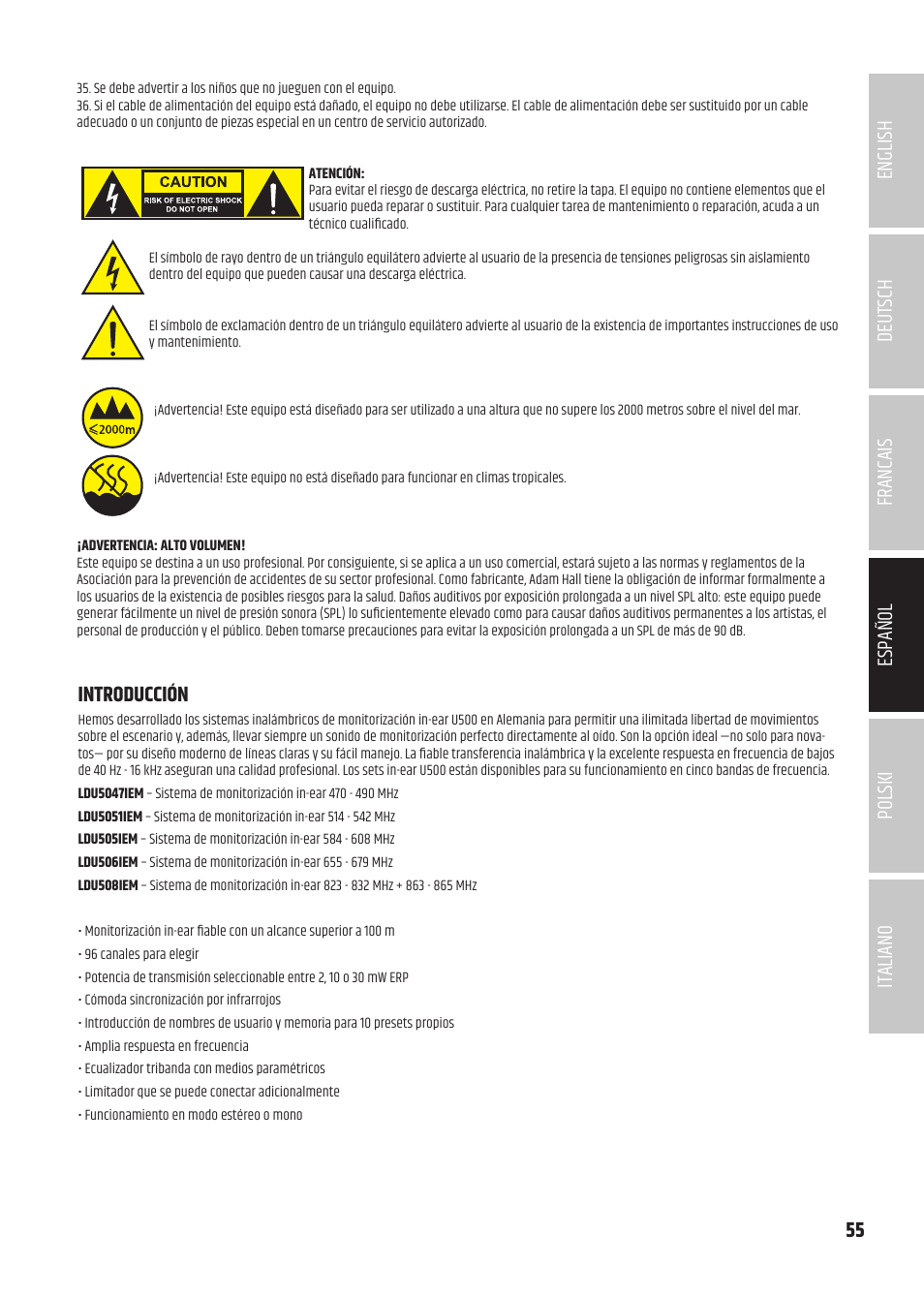 Introducción | LD Systems U504.7 IEM Wireless Stereo In-Ear Monitoring System (470 to 490 MHz) User Manual | Page 55 / 108