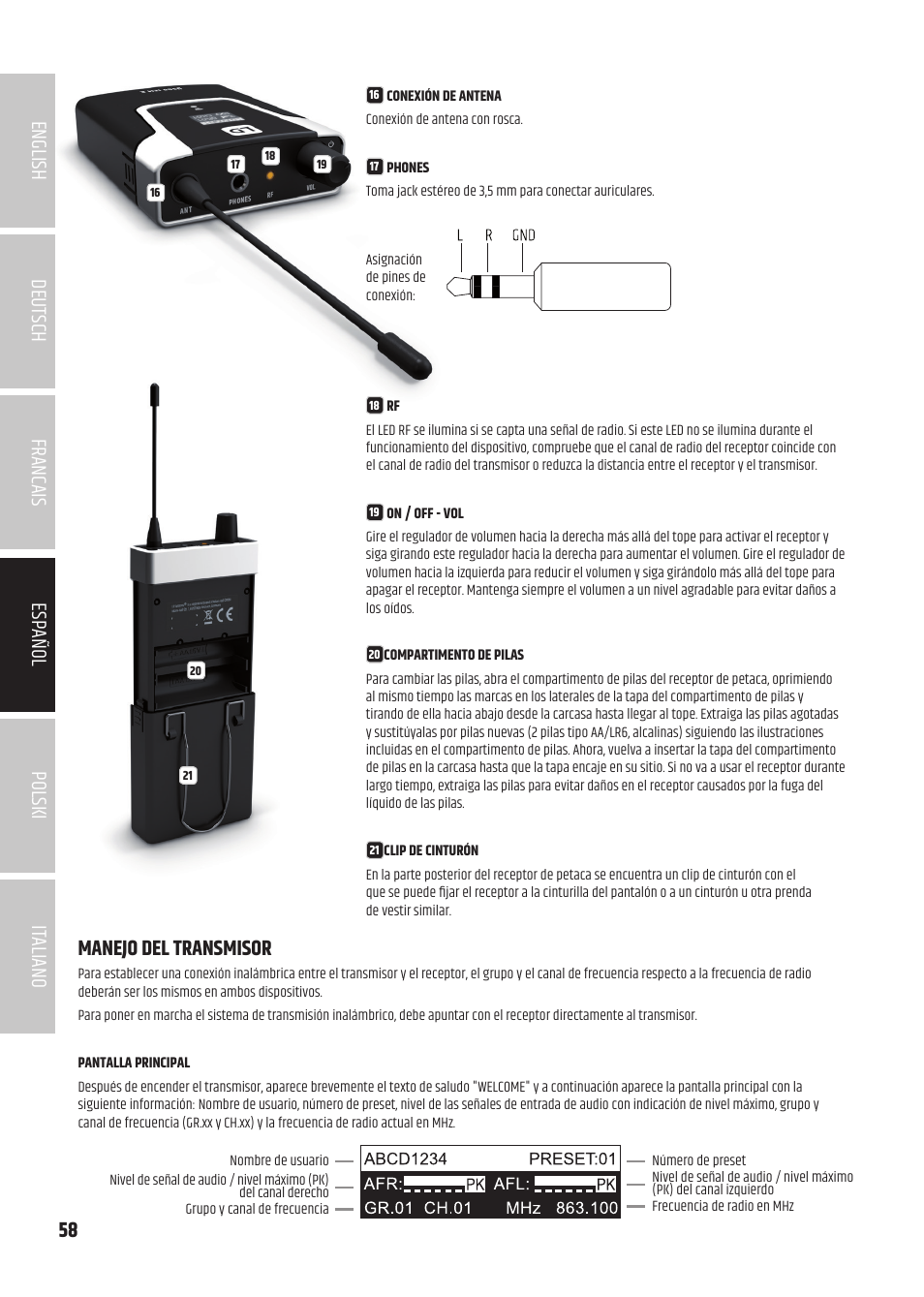 Manejo del transmisor | LD Systems U504.7 IEM Wireless Stereo In-Ear Monitoring System (470 to 490 MHz) User Manual | Page 58 / 108