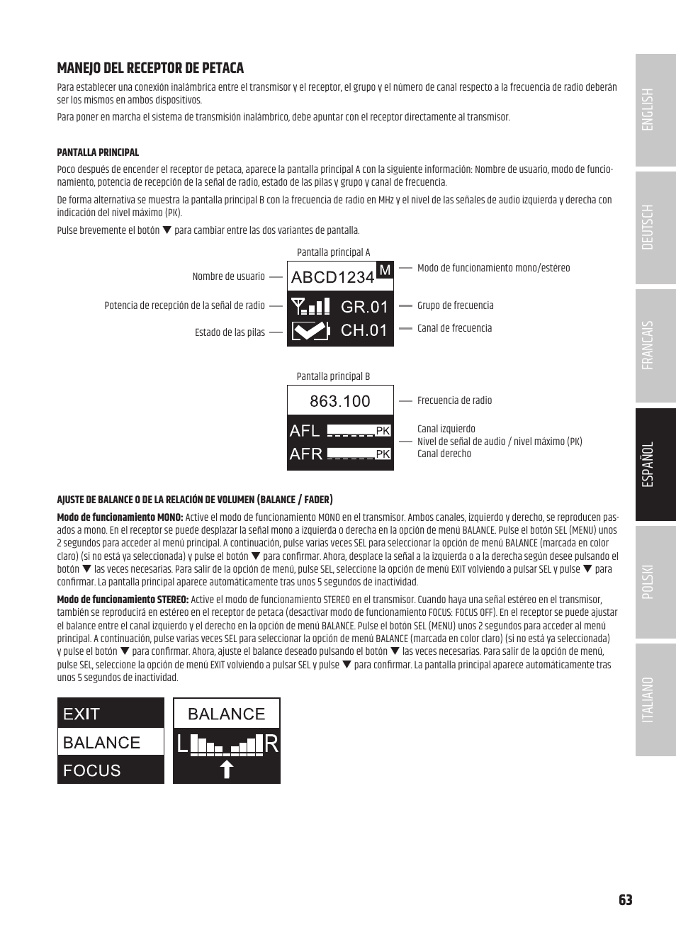 Manejo del receptor de petaca | LD Systems U504.7 IEM Wireless Stereo In-Ear Monitoring System (470 to 490 MHz) User Manual | Page 63 / 108