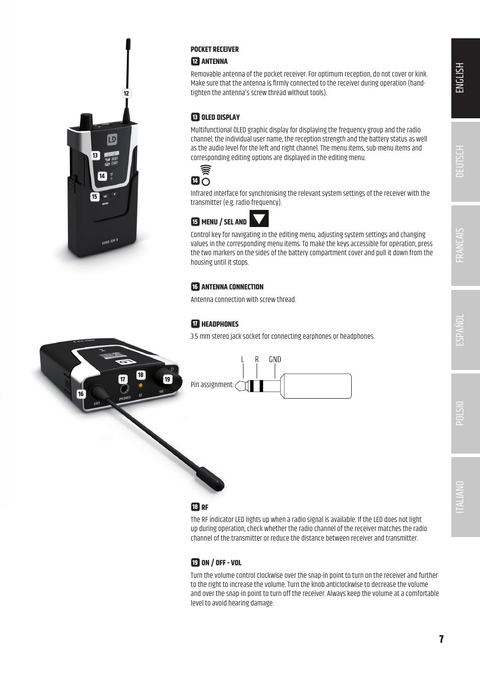 7deutsch francais español english italiano polski | LD Systems U504.7 IEM Wireless Stereo In-Ear Monitoring System (470 to 490 MHz) User Manual | Page 7 / 108