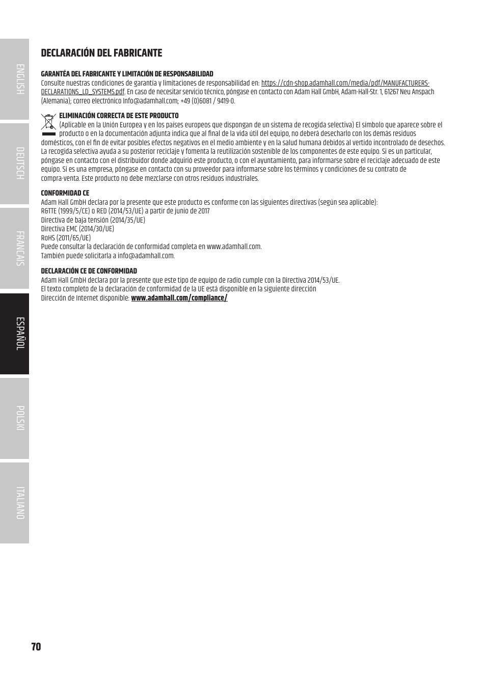 Declaración del fabricante | LD Systems U504.7 IEM Wireless Stereo In-Ear Monitoring System (470 to 490 MHz) User Manual | Page 70 / 108