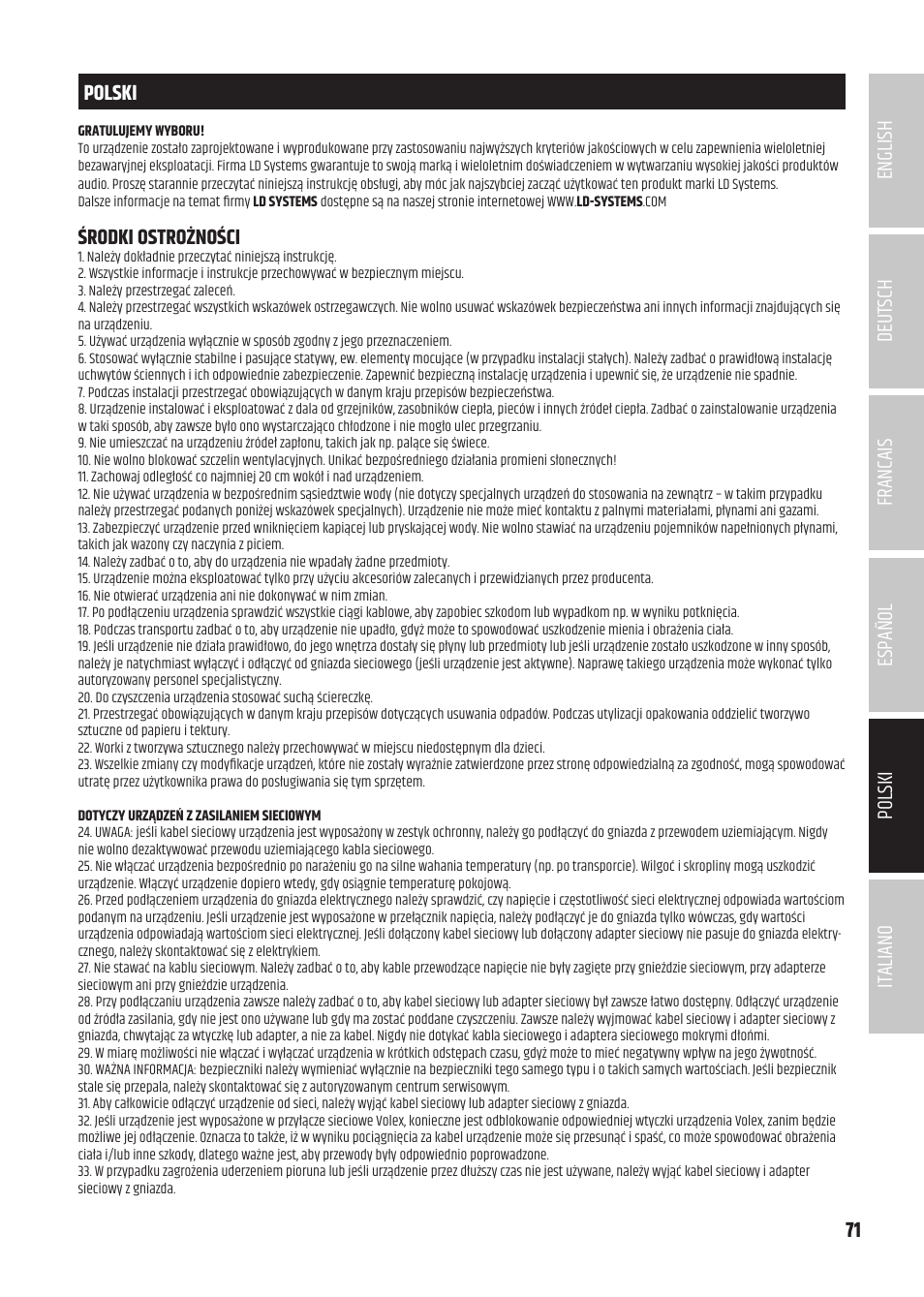 Polski, Środki ostrożności | LD Systems U504.7 IEM Wireless Stereo In-Ear Monitoring System (470 to 490 MHz) User Manual | Page 71 / 108