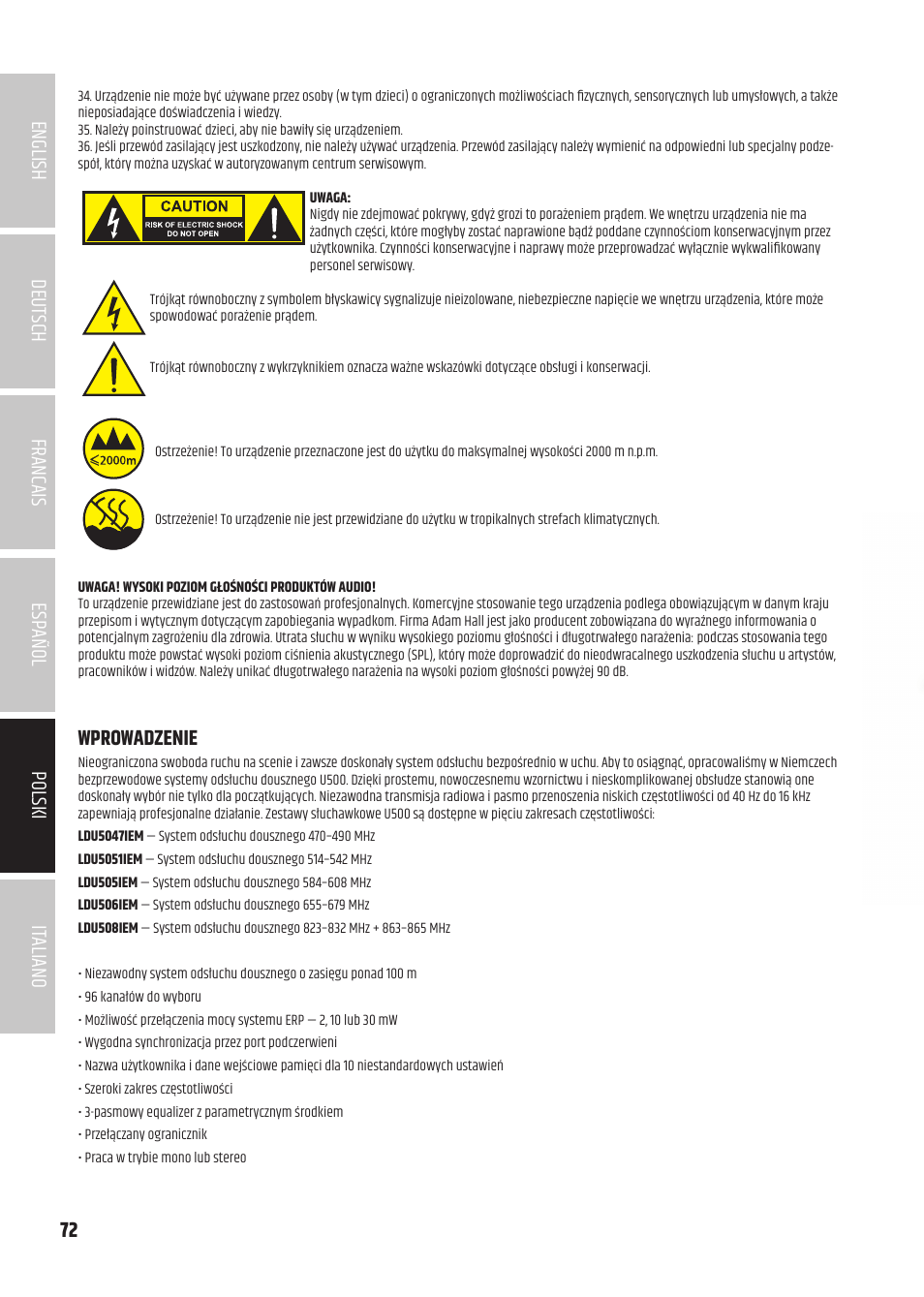 Wprowadzenie | LD Systems U504.7 IEM Wireless Stereo In-Ear Monitoring System (470 to 490 MHz) User Manual | Page 72 / 108