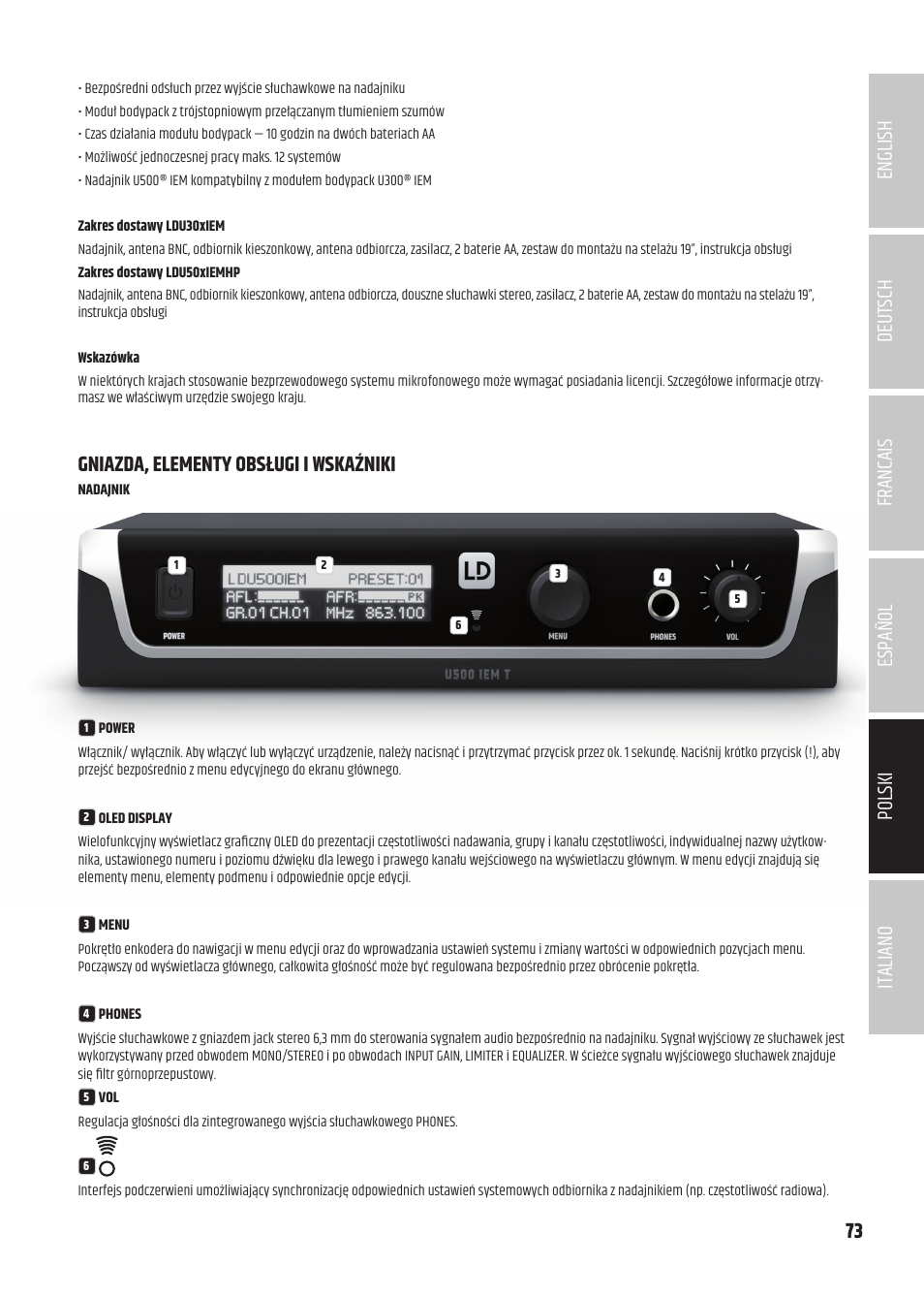 Gniazda, elementy obsługi i wskaźniki | LD Systems U504.7 IEM Wireless Stereo In-Ear Monitoring System (470 to 490 MHz) User Manual | Page 73 / 108