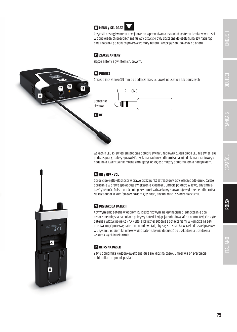 LD Systems U504.7 IEM Wireless Stereo In-Ear Monitoring System (470 to 490 MHz) User Manual | Page 75 / 108
