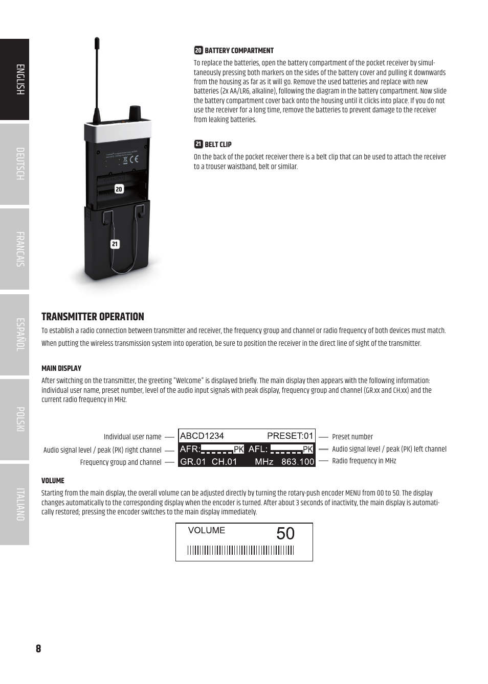 Transmitter operation, 8italiano polski español francais deutsch english | LD Systems U504.7 IEM Wireless Stereo In-Ear Monitoring System (470 to 490 MHz) User Manual | Page 8 / 108