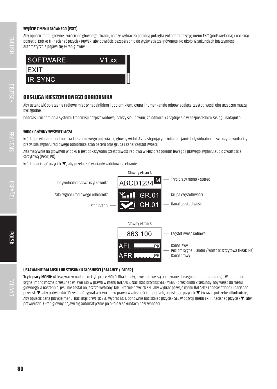 Obsługa kieszonkowego odbiornika | LD Systems U504.7 IEM Wireless Stereo In-Ear Monitoring System (470 to 490 MHz) User Manual | Page 80 / 108