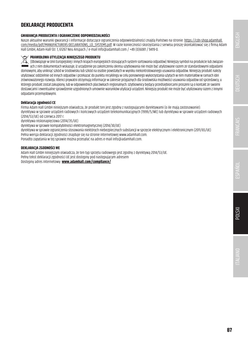 Deklaracje producenta | LD Systems U504.7 IEM Wireless Stereo In-Ear Monitoring System (470 to 490 MHz) User Manual | Page 87 / 108