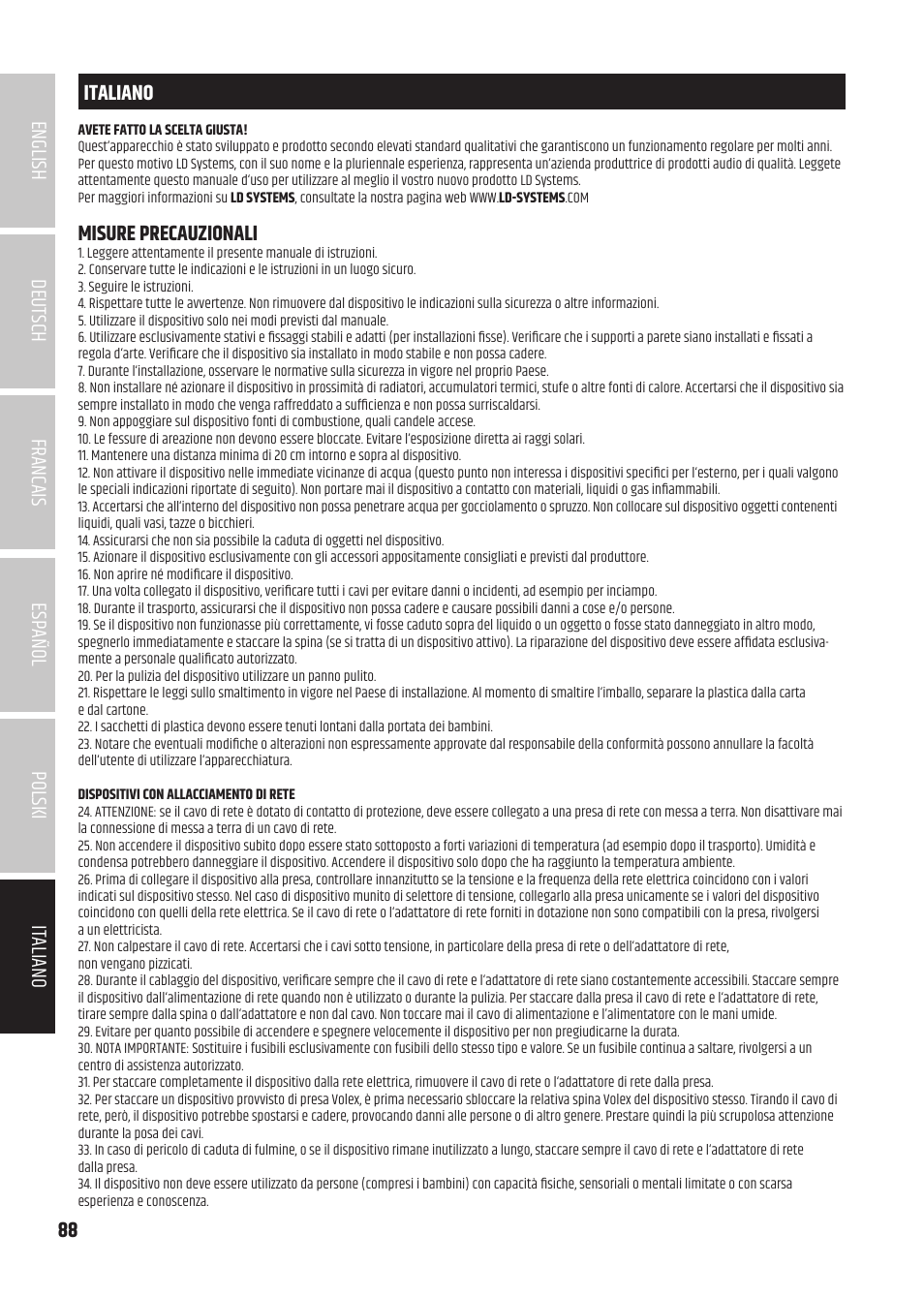 Italiano, Misure precauzionali | LD Systems U504.7 IEM Wireless Stereo In-Ear Monitoring System (470 to 490 MHz) User Manual | Page 88 / 108